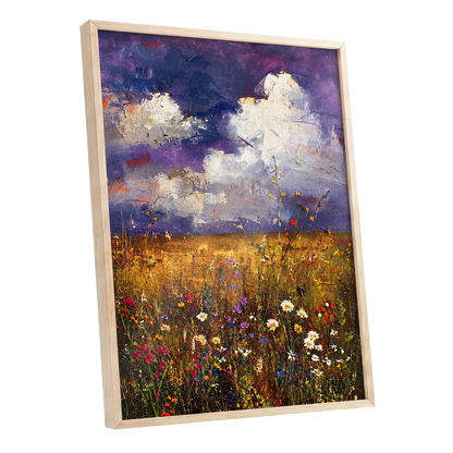 Violet Skies, Golden Fields, purple, gold, white nature wall art shown as a oak framed poster wall art print