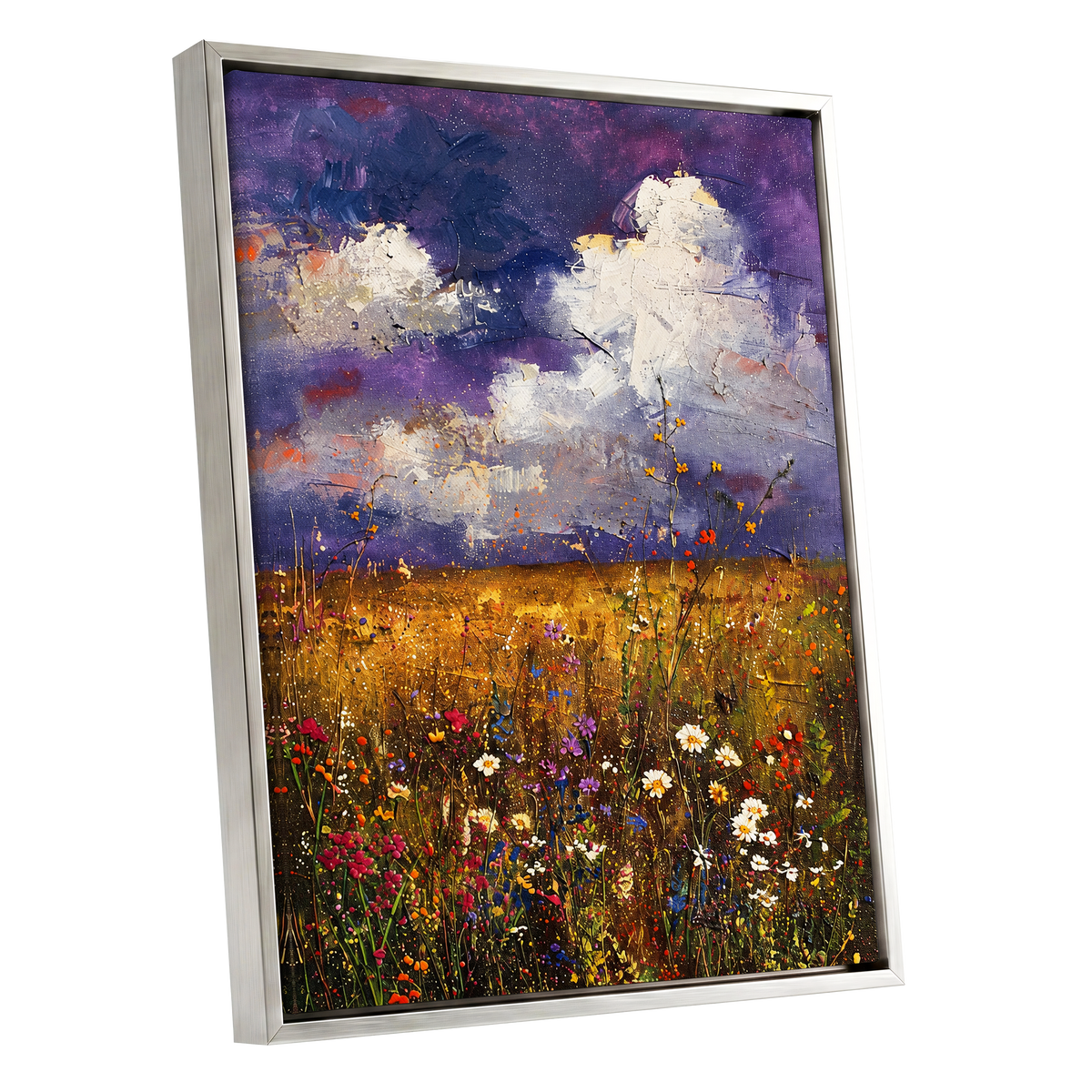 Violet Skies, Golden Fields, purple, gold, white nature wall art shown as a silver framed canvas wall art