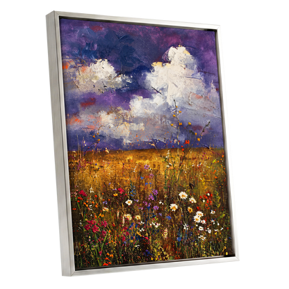 Violet Skies, Golden Fields, purple, gold, white nature wall art shown as a silver framed canvas wall art