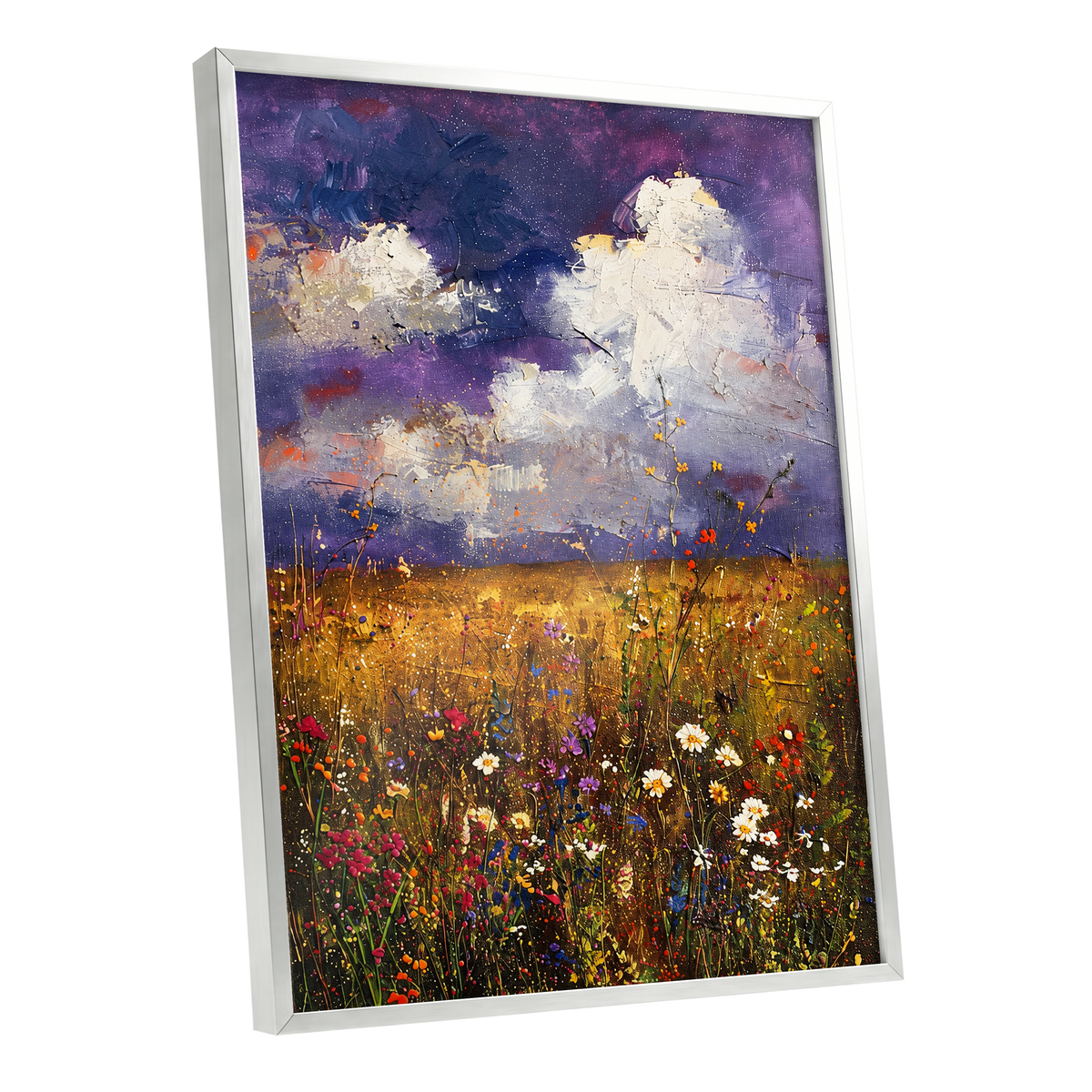 Violet Skies, Golden Fields, purple, gold, white nature wall art shown as a silver framed poster wall art print