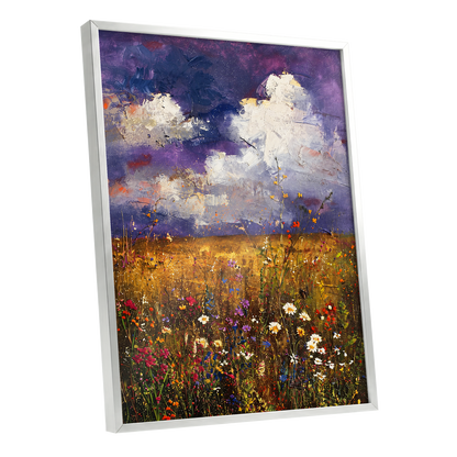 Violet Skies, Golden Fields, purple, gold, white nature wall art shown as a silver framed poster wall art print