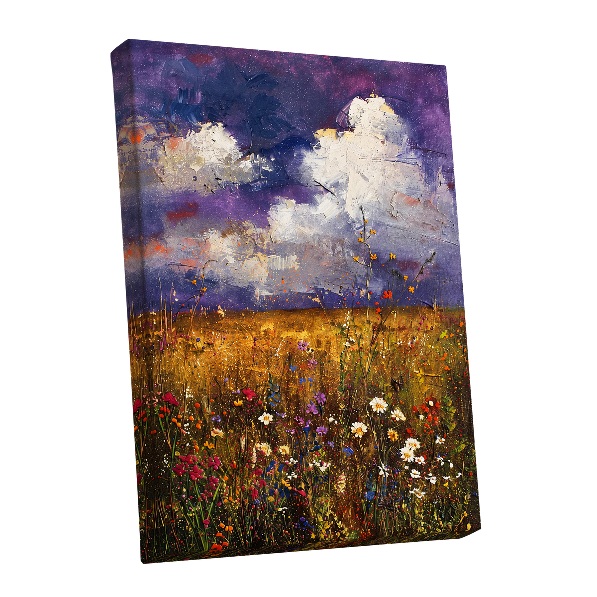 Violet Skies, Golden Fields, purple, gold, white nature wall art shown as a stretched canvas wall art