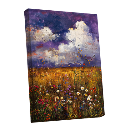 Violet Skies, Golden Fields, purple, gold, white nature wall art shown as a stretched canvas wall art
