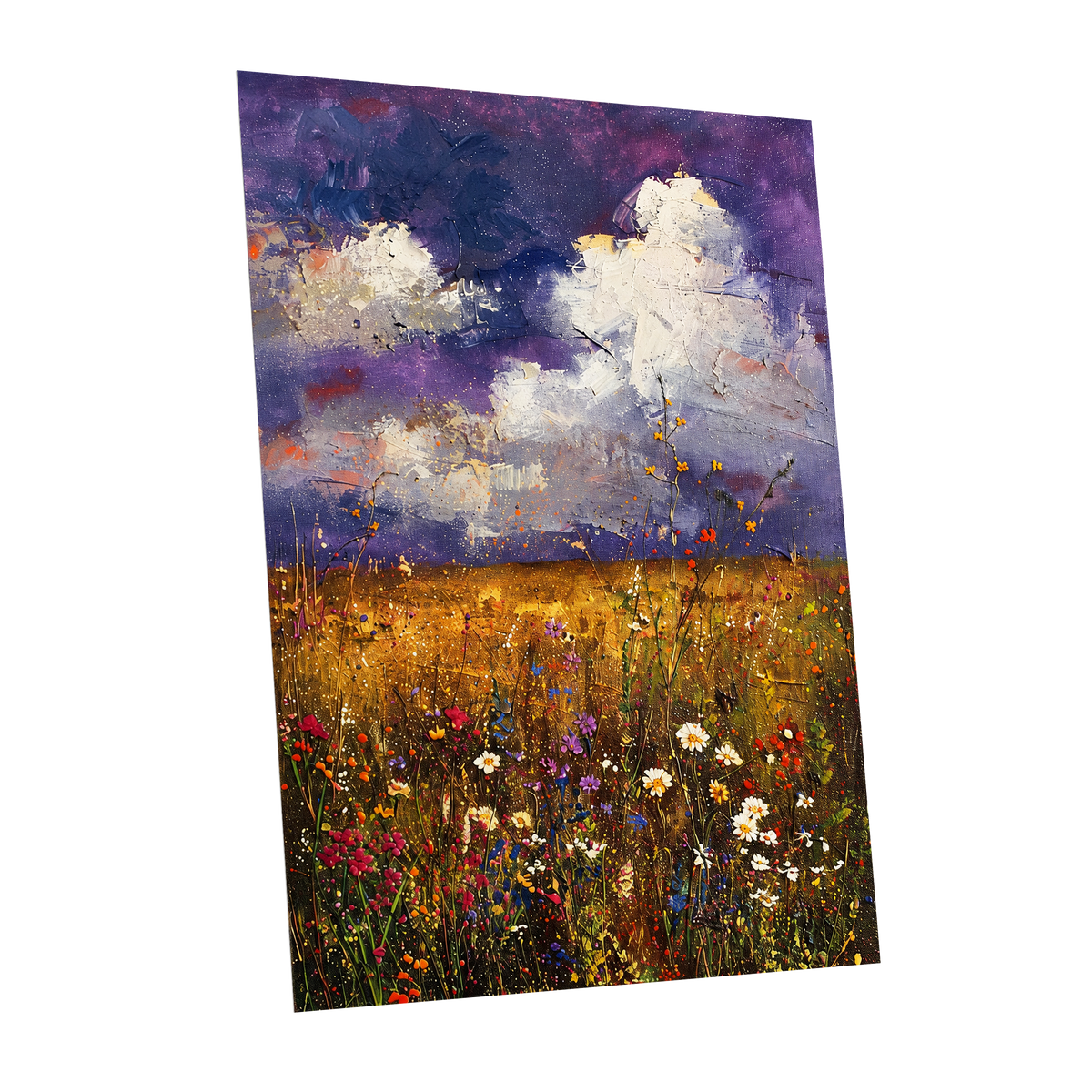 Violet Skies, Golden Fields, purple, gold, white nature wall art shown as a unframed poster wall art print