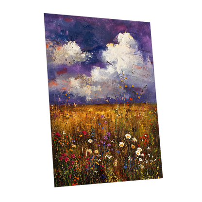 Violet Skies, Golden Fields, purple, gold, white nature wall art shown as a unframed poster wall art print