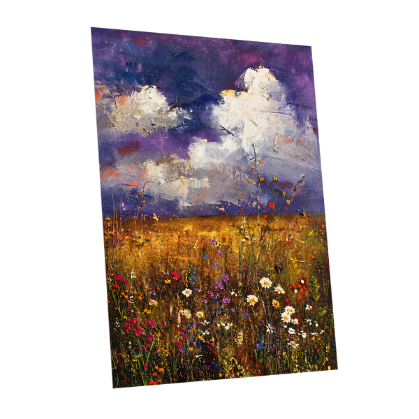 Violet Skies, Golden Fields, purple, gold, white nature wall art shown as a unframed poster wall art print