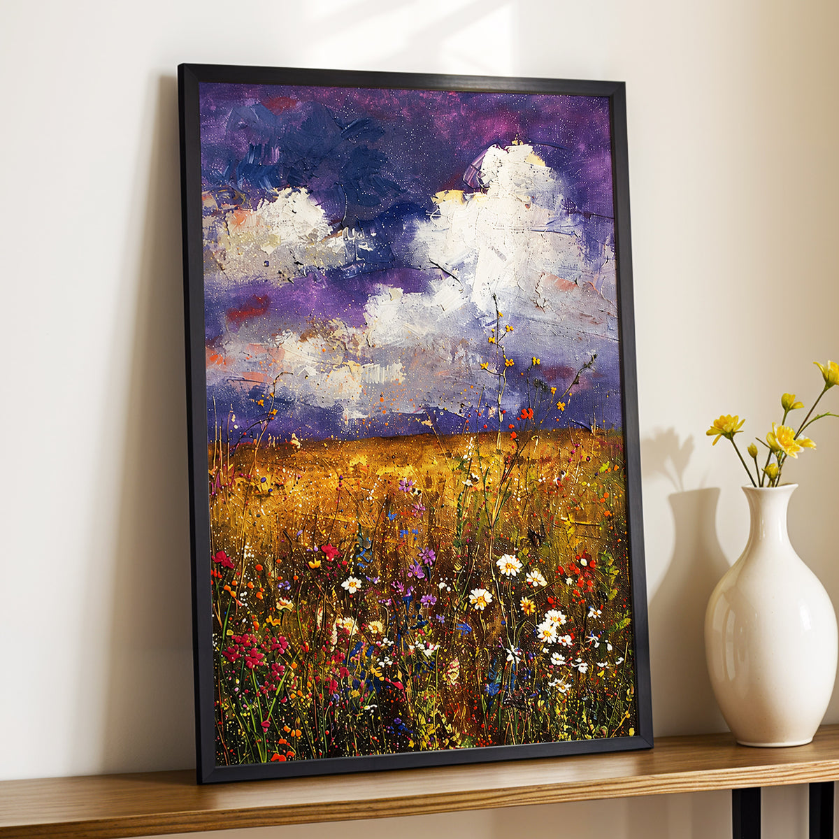 Violet Skies, Golden Fields, purple, gold, white nature wall art displayed in a styled interior, gallery view 2