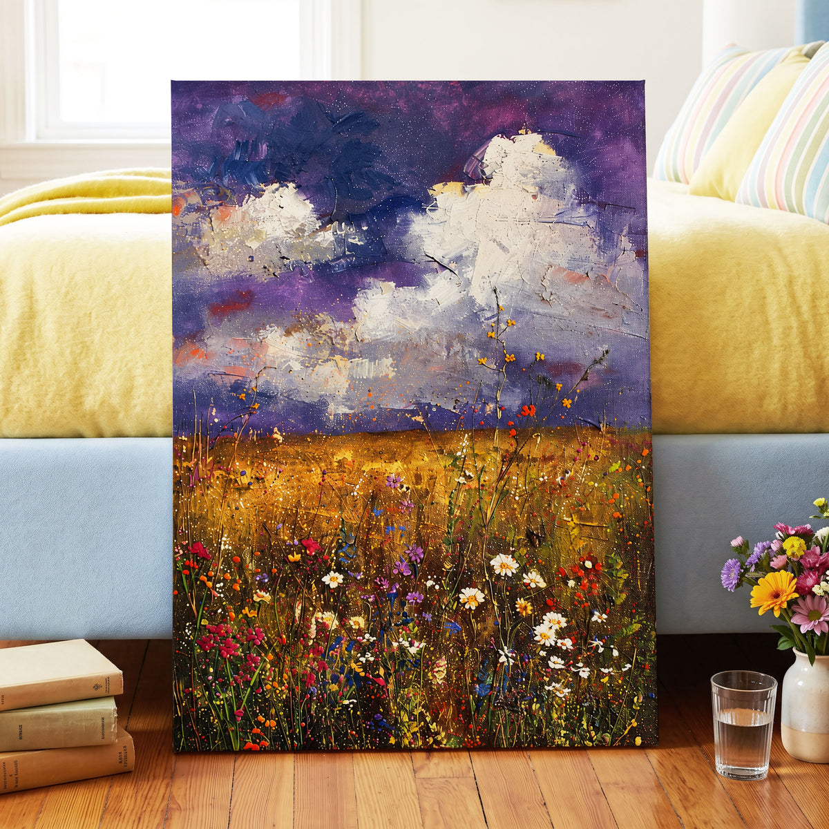 Violet Skies, Golden Fields, purple, gold, white nature wall art displayed in a styled interior, gallery view 3