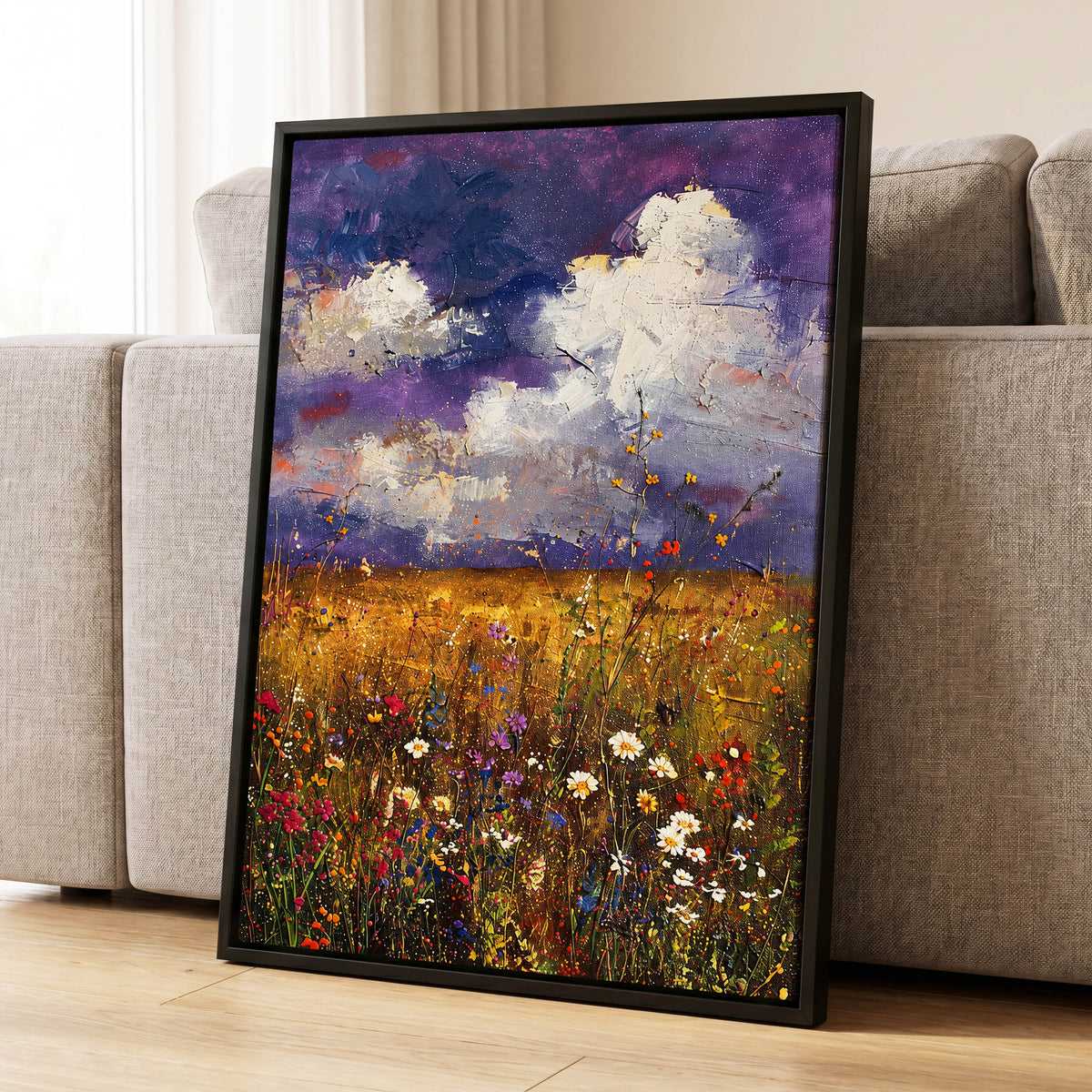 Violet Skies, Golden Fields, purple, gold, white nature wall art displayed in a styled interior, gallery view 4