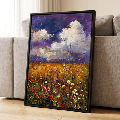 Violet Skies, Golden Fields, purple, gold, white nature wall art displayed in a styled interior, gallery view 4