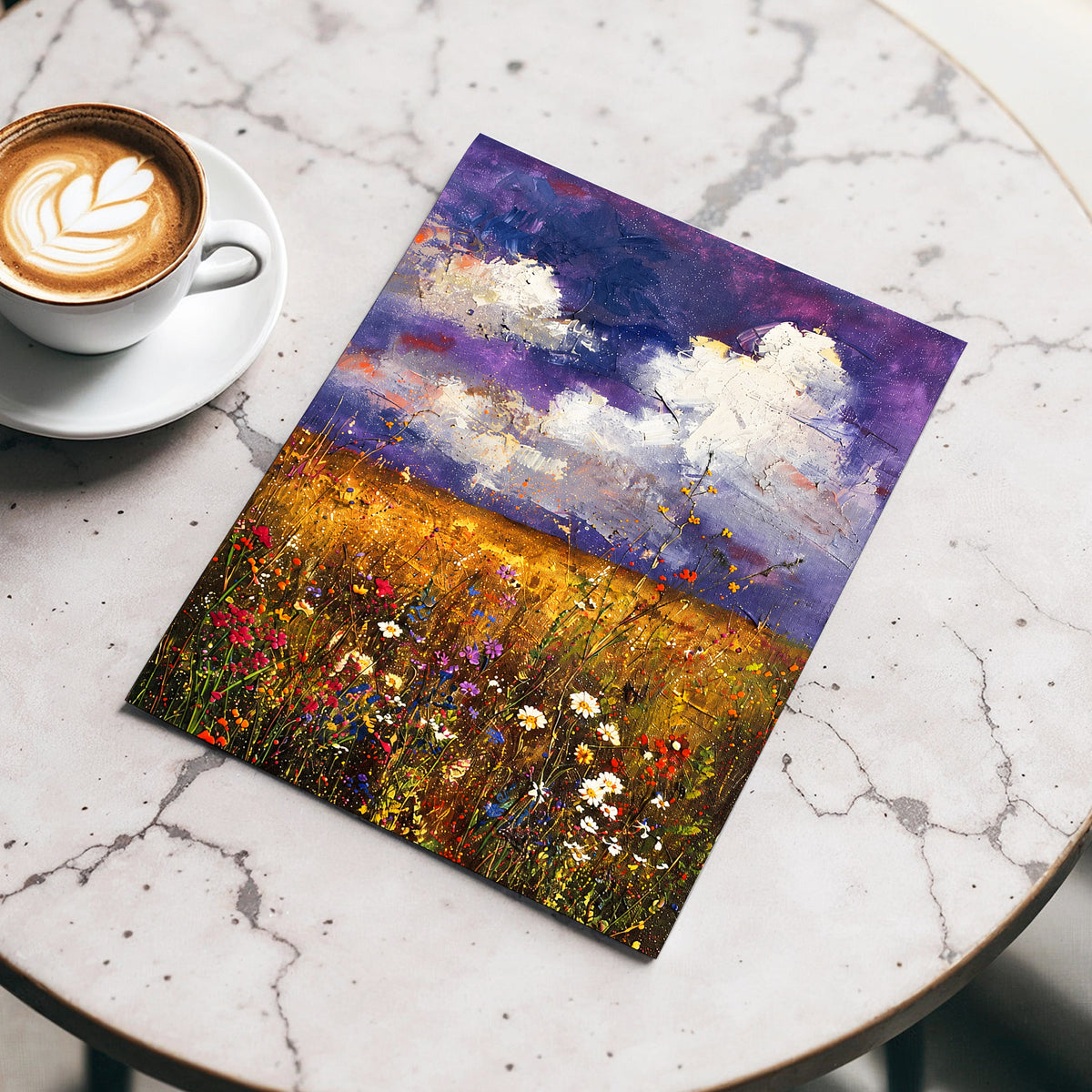 Violet Skies, Golden Fields, purple, gold, white nature wall art displayed in a styled interior, gallery view 5