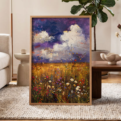 Violet Skies, Golden Fields, purple, gold, white nature wall art displayed in a styled interior, gallery view 6