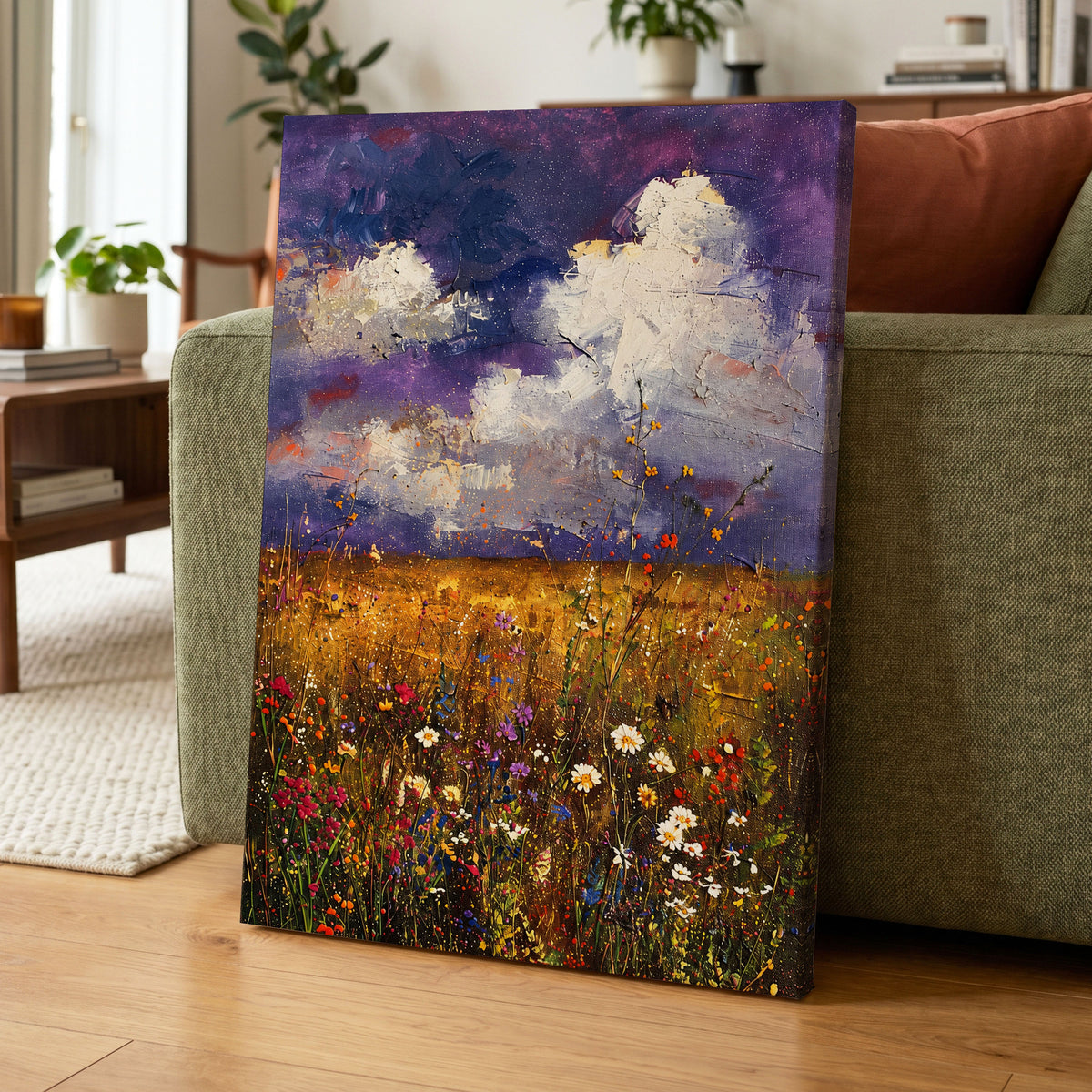 Violet Skies, Golden Fields, purple, gold, white nature wall art displayed in a styled interior, gallery view 7