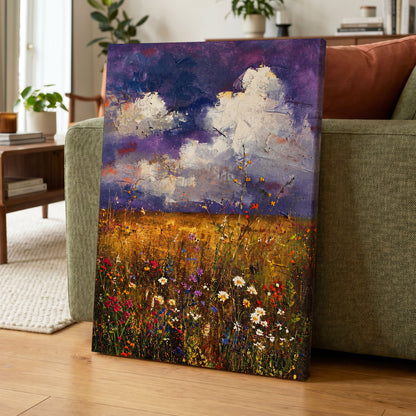 Violet Skies, Golden Fields, purple, gold, white nature wall art displayed in a styled interior, gallery view 7