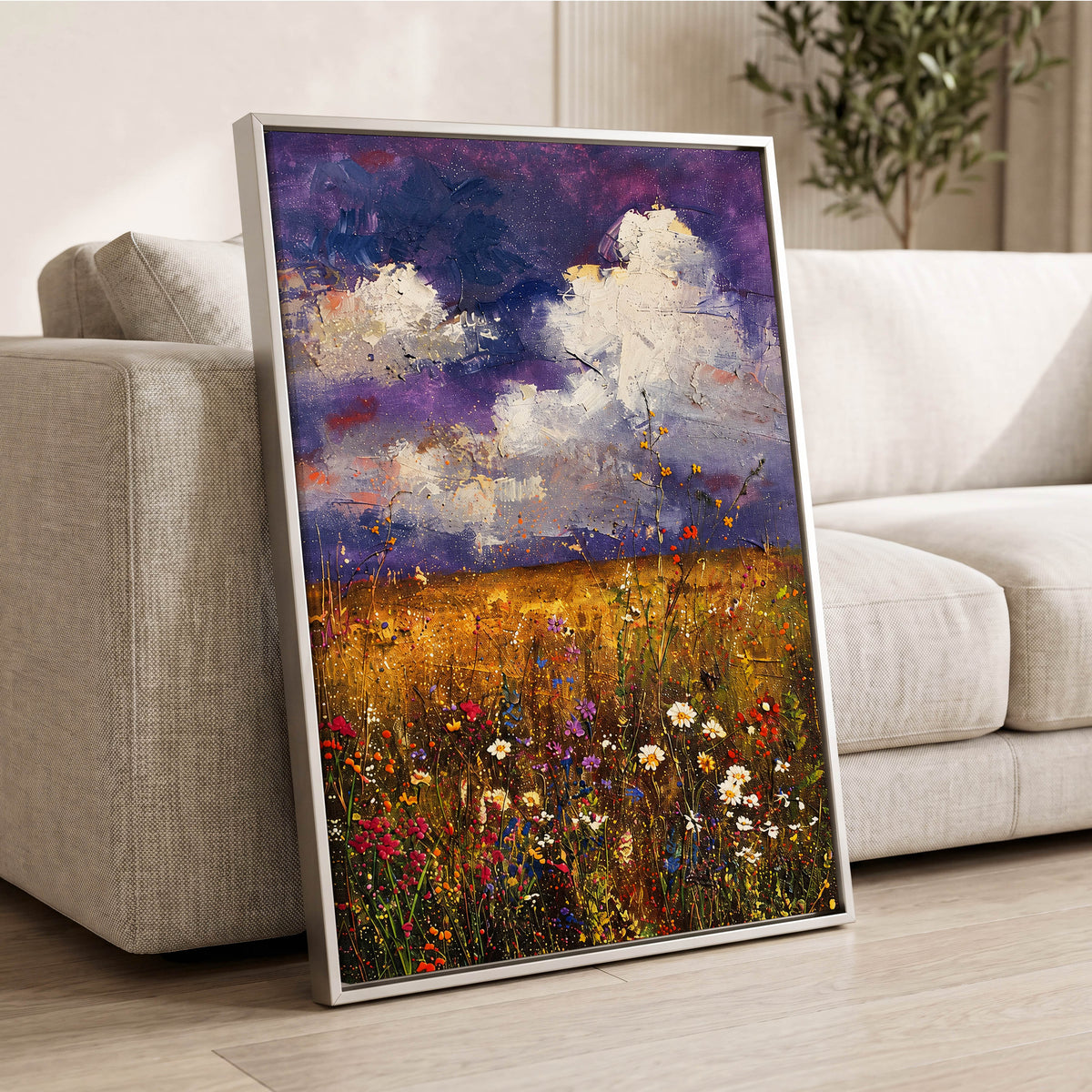 Violet Skies, Golden Fields, purple, gold, white nature wall art displayed in a styled interior, gallery view 8