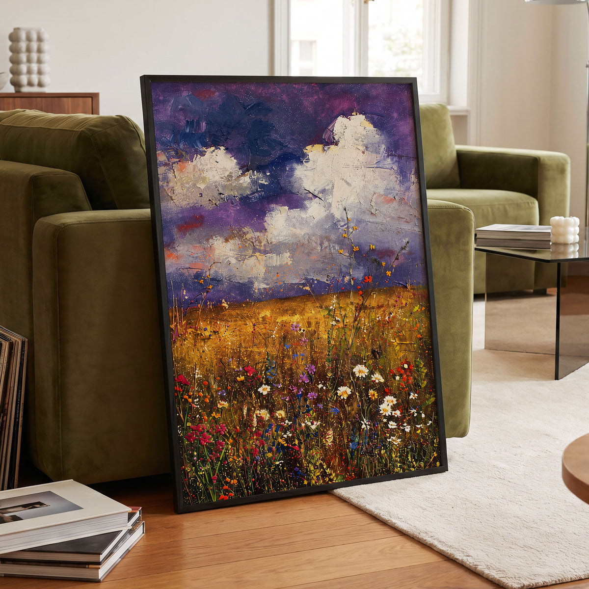 Violet Skies, Golden Fields, purple, gold, white nature wall art displayed in a styled interior, gallery view 9