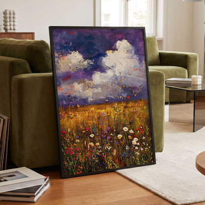 Violet Skies, Golden Fields, purple, gold, white nature wall art displayed in a styled interior, gallery view 9
