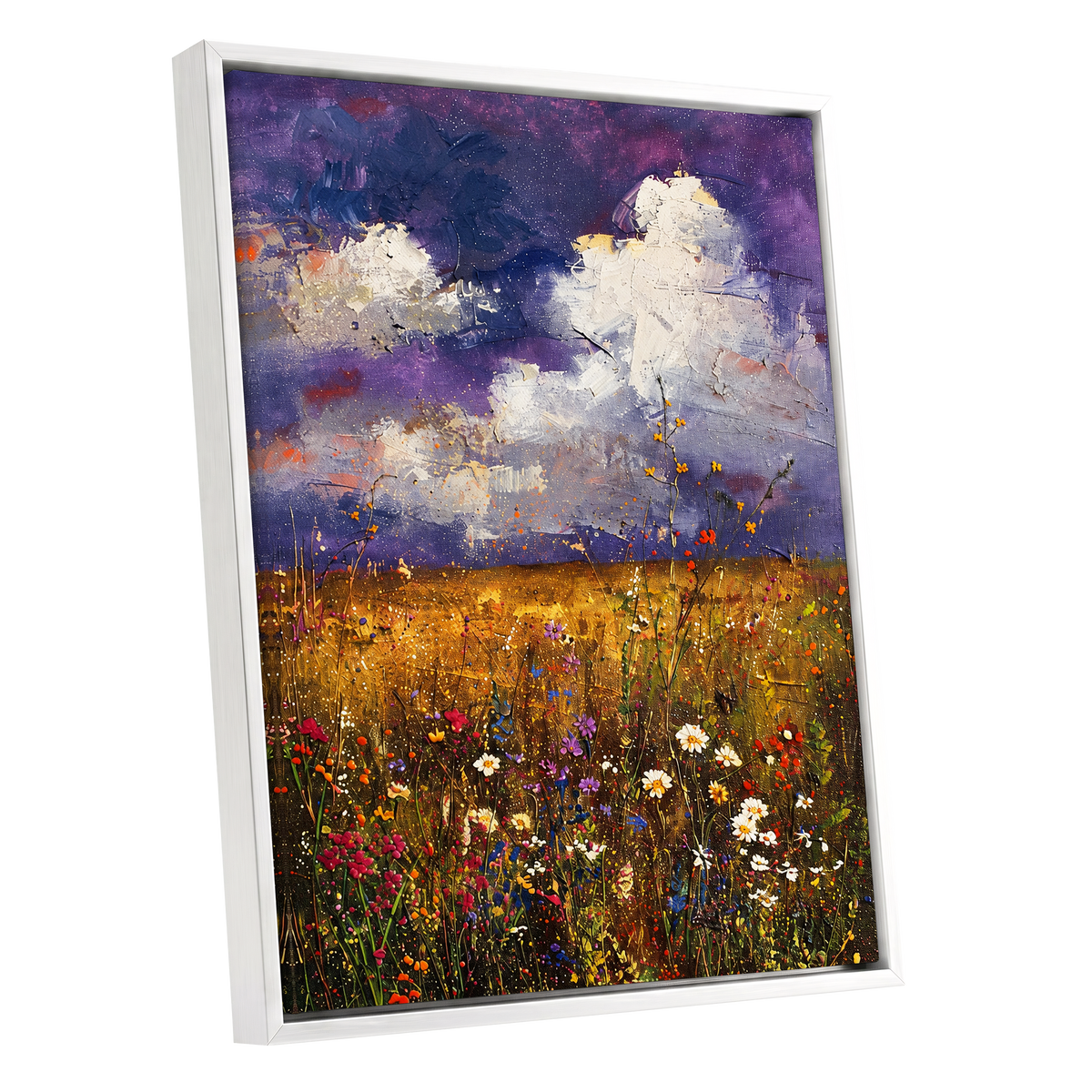 Violet Skies, Golden Fields, purple, gold, white nature wall art shown as a white framed canvas wall art