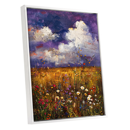 Violet Skies, Golden Fields, purple, gold, white nature wall art shown as a white framed canvas wall art