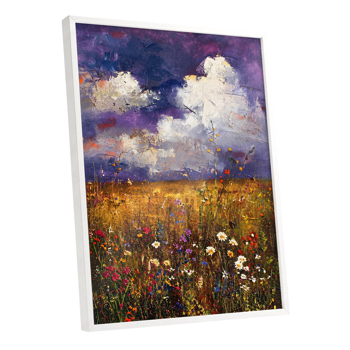 Violet Skies, Golden Fields, purple, gold, white nature wall art shown as a white framed poster wall art print