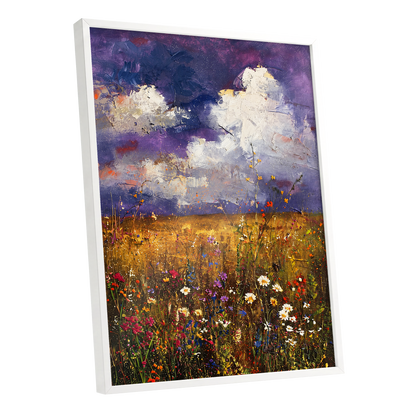 Violet Skies, Golden Fields, purple, gold, white nature wall art shown as a white framed poster wall art print