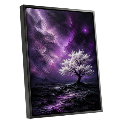 Violet Starbloom, purple, black, white nature wall art shown as a black framed canvas wall art