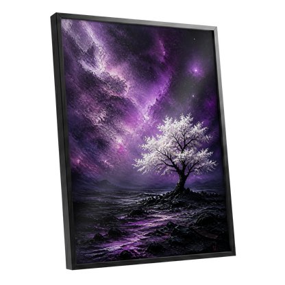 Violet Starbloom, purple, black, white nature wall art shown as a black framed poster wall art print