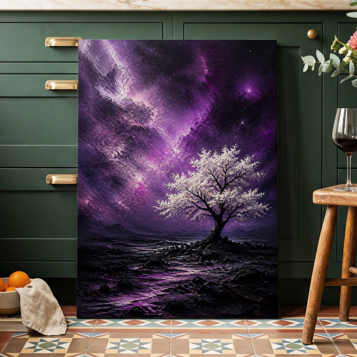 Violet Starbloom, purple, black, white nature wall art on canvas displayed in a styled interior, gallery view 1