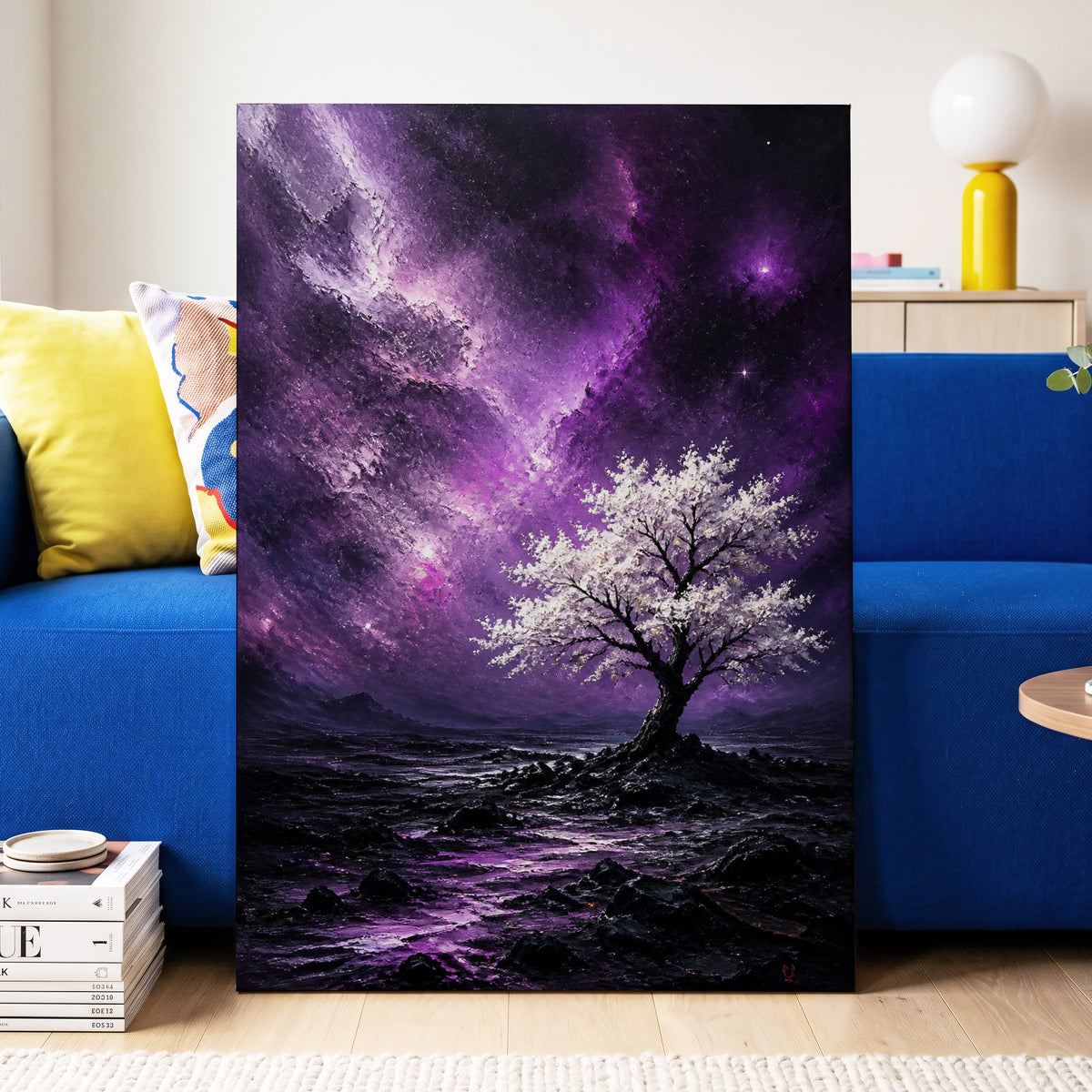 Violet Starbloom, purple, black, white nature wall art on canvas displayed in a styled interior, gallery view 2