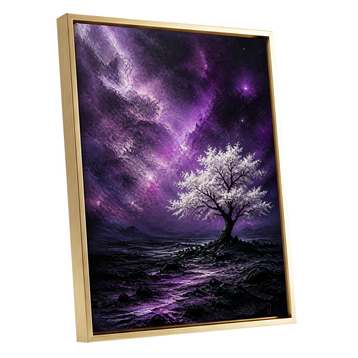 Violet Starbloom, purple, black, white nature wall art shown as a gold framed canvas wall art