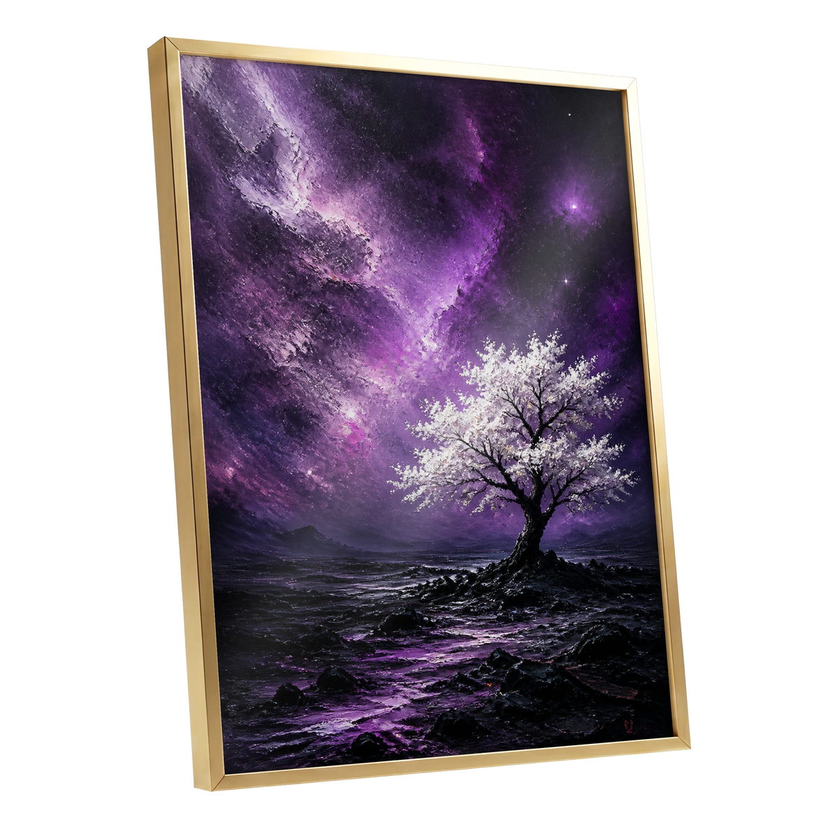 Violet Starbloom, purple, black, white nature wall art shown as a gold framed poster wall art print