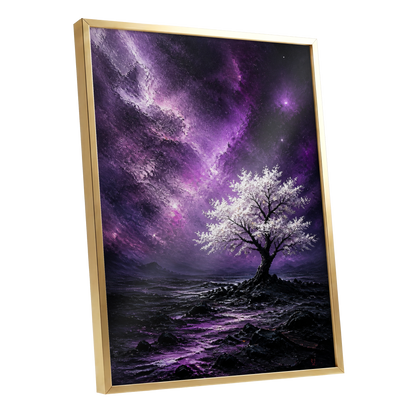 Violet Starbloom, purple, black, white nature wall art shown as a gold framed poster wall art print