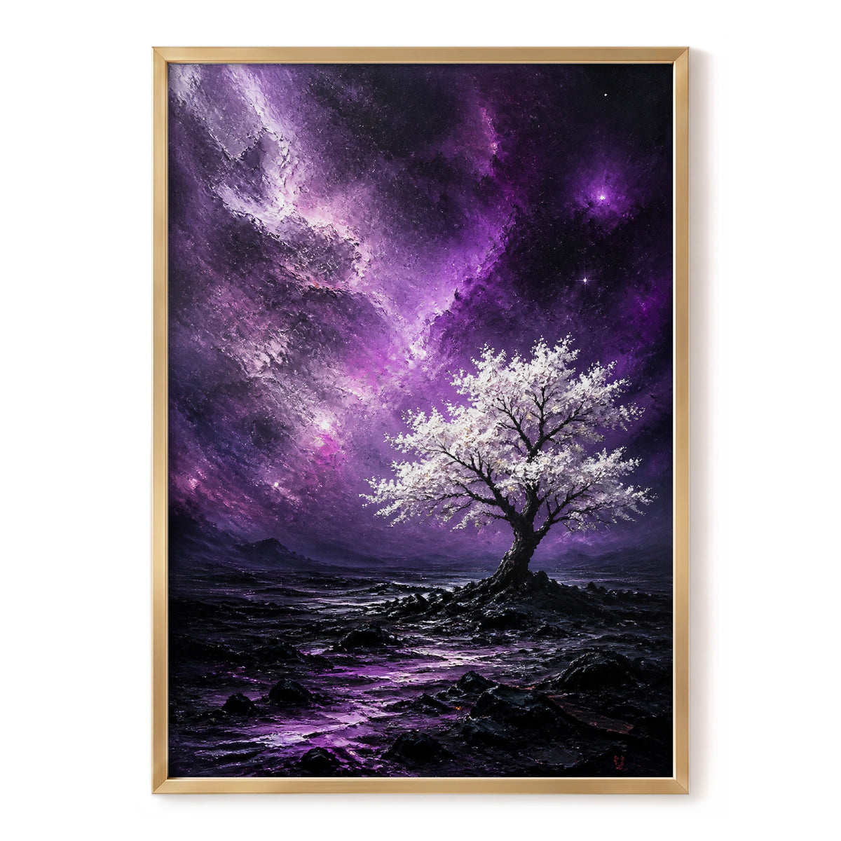 Violet Starbloom, purple, black, white nature wall art, front artwork view
