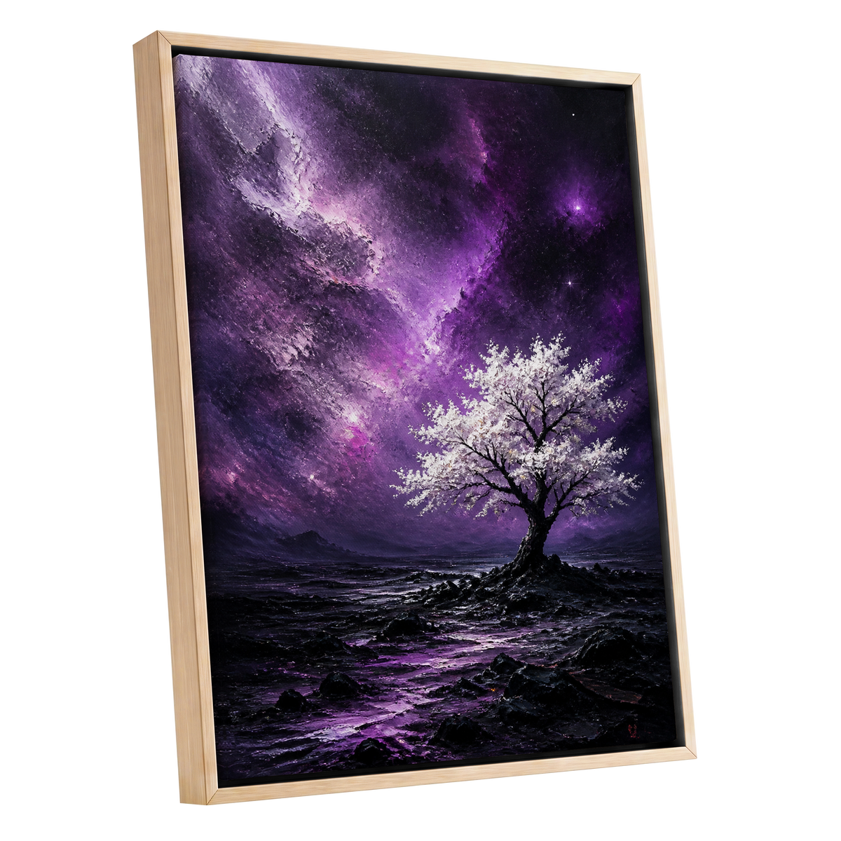 Violet Starbloom, purple, black, white nature wall art shown as a oak framed canvas wall art