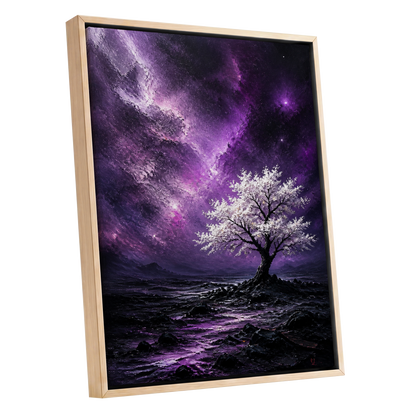 Violet Starbloom, purple, black, white nature wall art shown as a oak framed canvas wall art