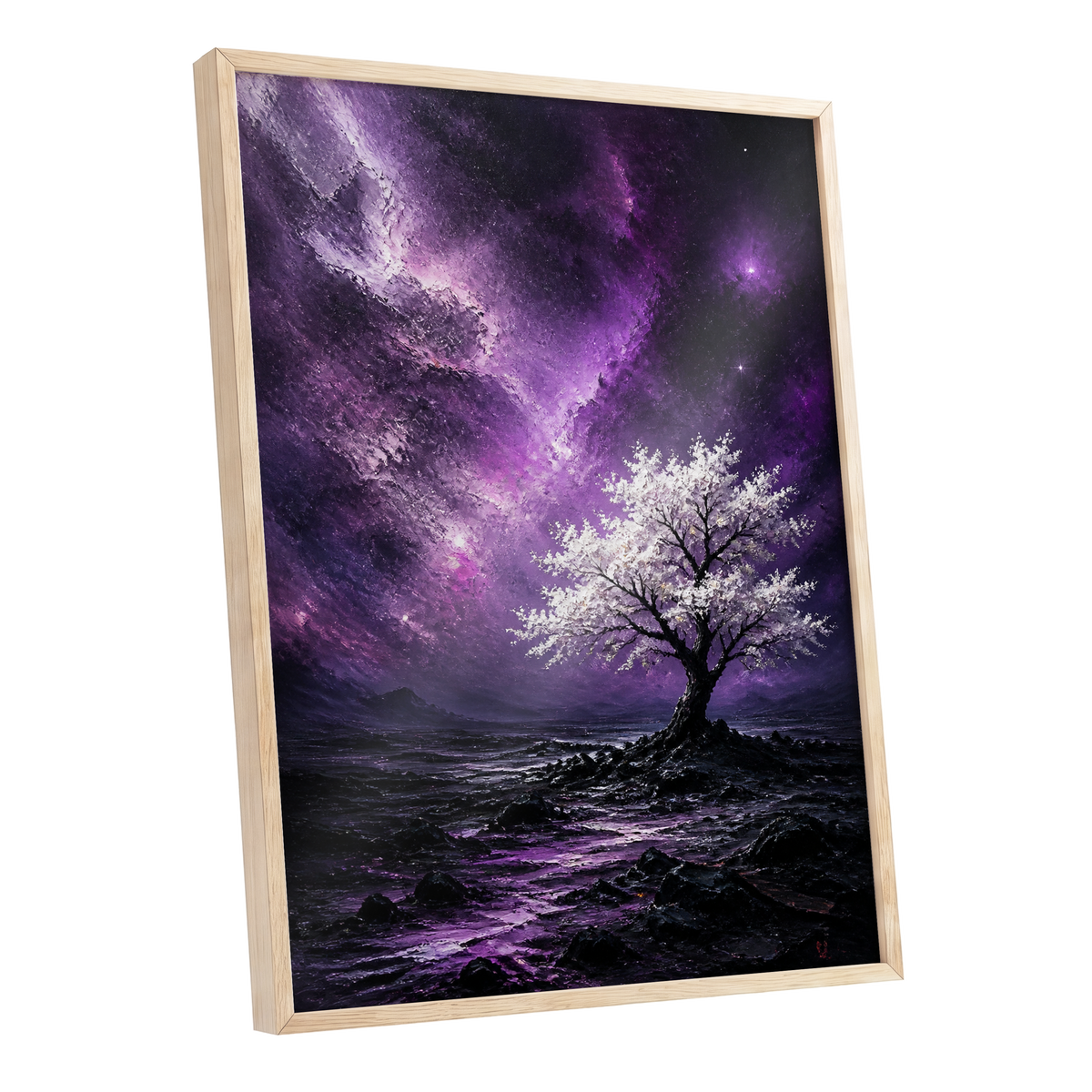 Violet Starbloom, purple, black, white nature wall art shown as a oak framed poster wall art print