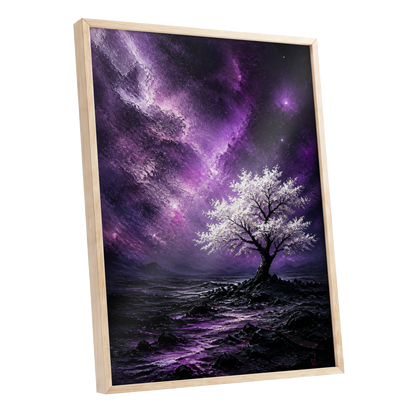 Violet Starbloom, purple, black, white nature wall art shown as a oak framed poster wall art print