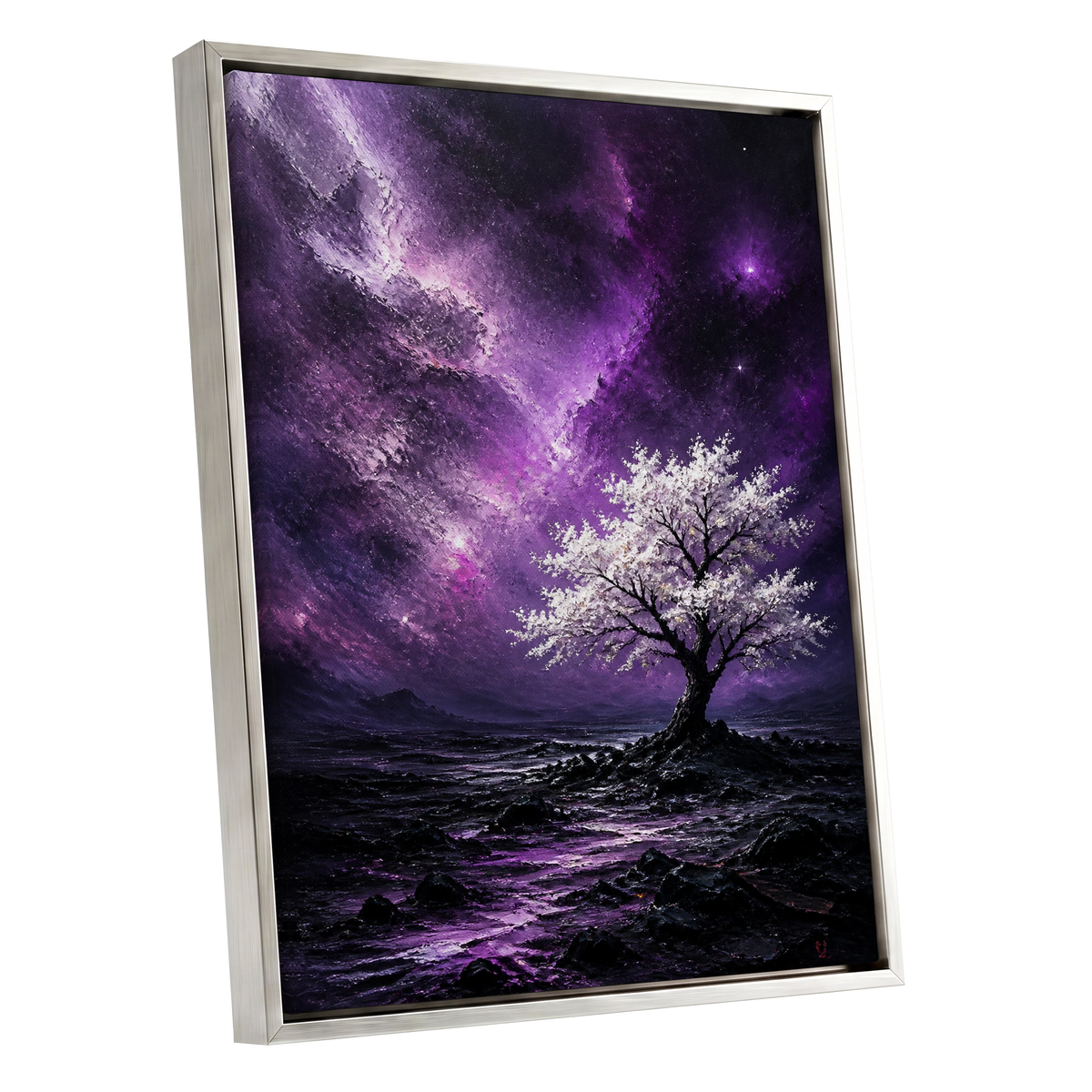 Violet Starbloom, purple, black, white nature wall art shown as a silver framed canvas wall art