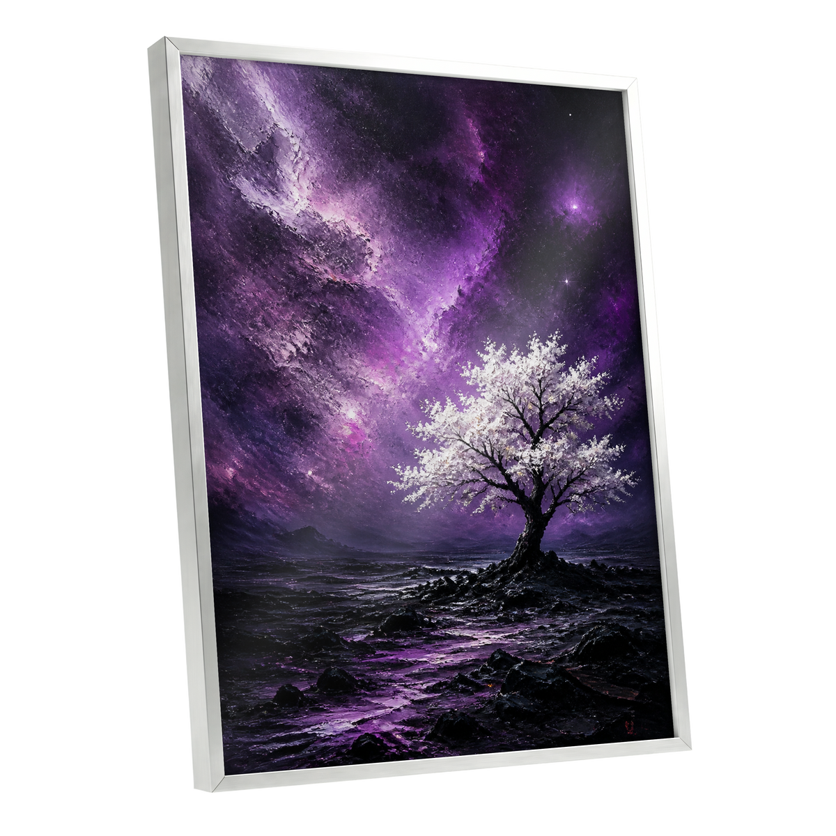 Violet Starbloom, purple, black, white nature wall art shown as a silver framed poster wall art print