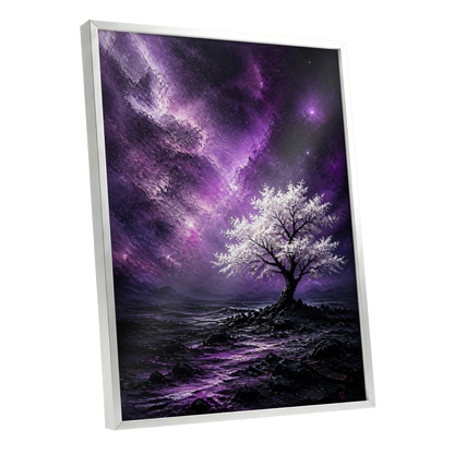 Violet Starbloom, purple, black, white nature wall art shown as a silver framed poster wall art print