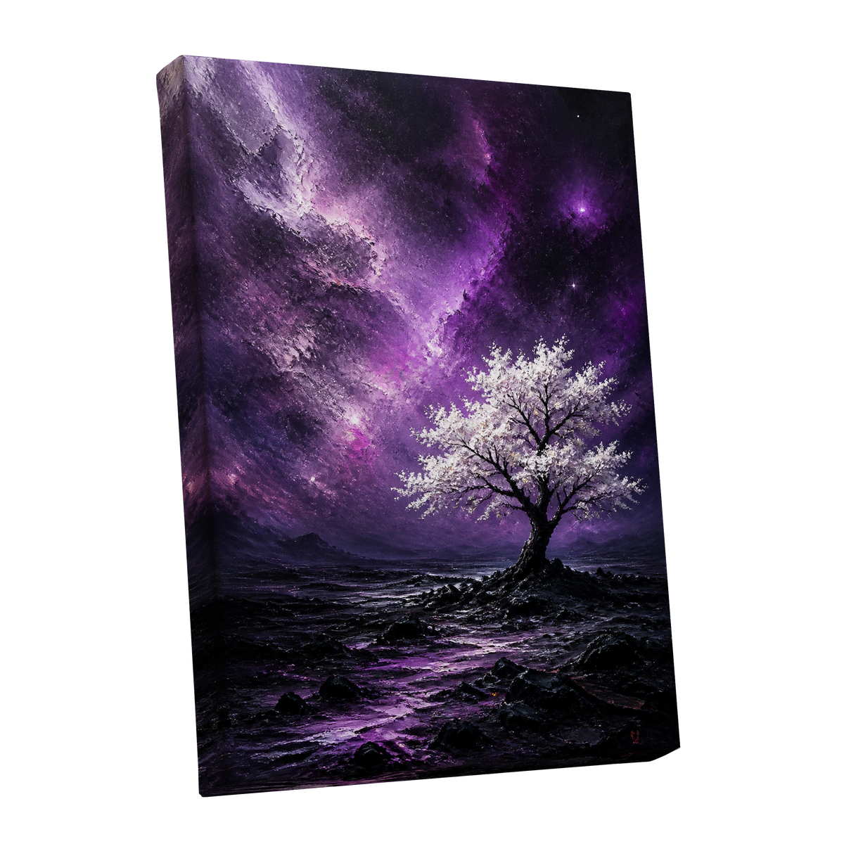 Violet Starbloom, purple, black, white nature wall art shown as a stretched canvas wall art
