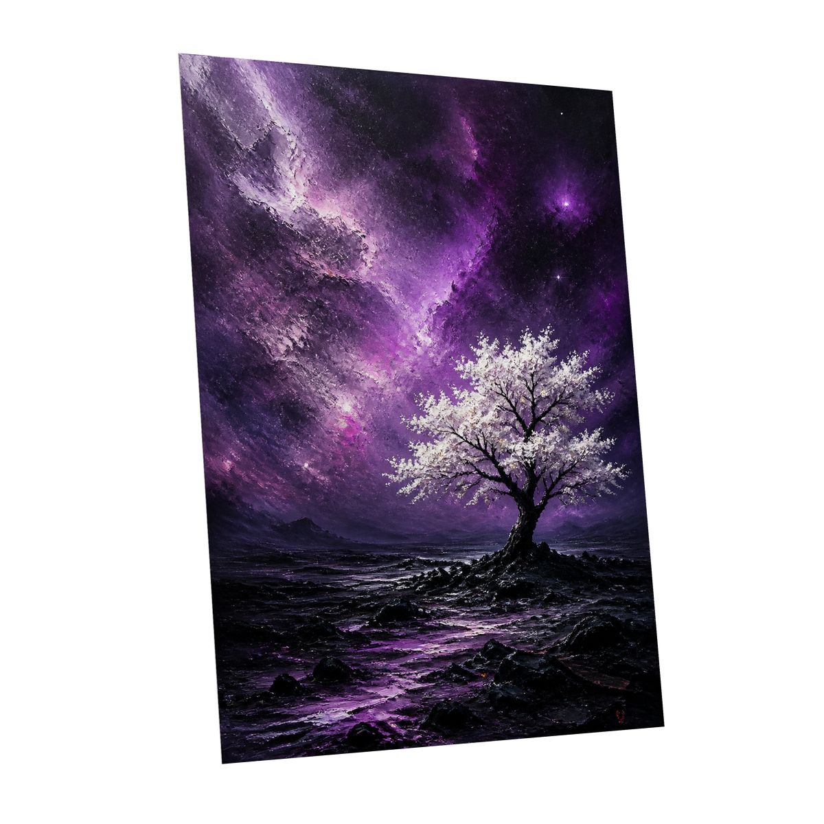 Violet Starbloom, purple, black, white nature wall art shown as a unframed poster wall art print