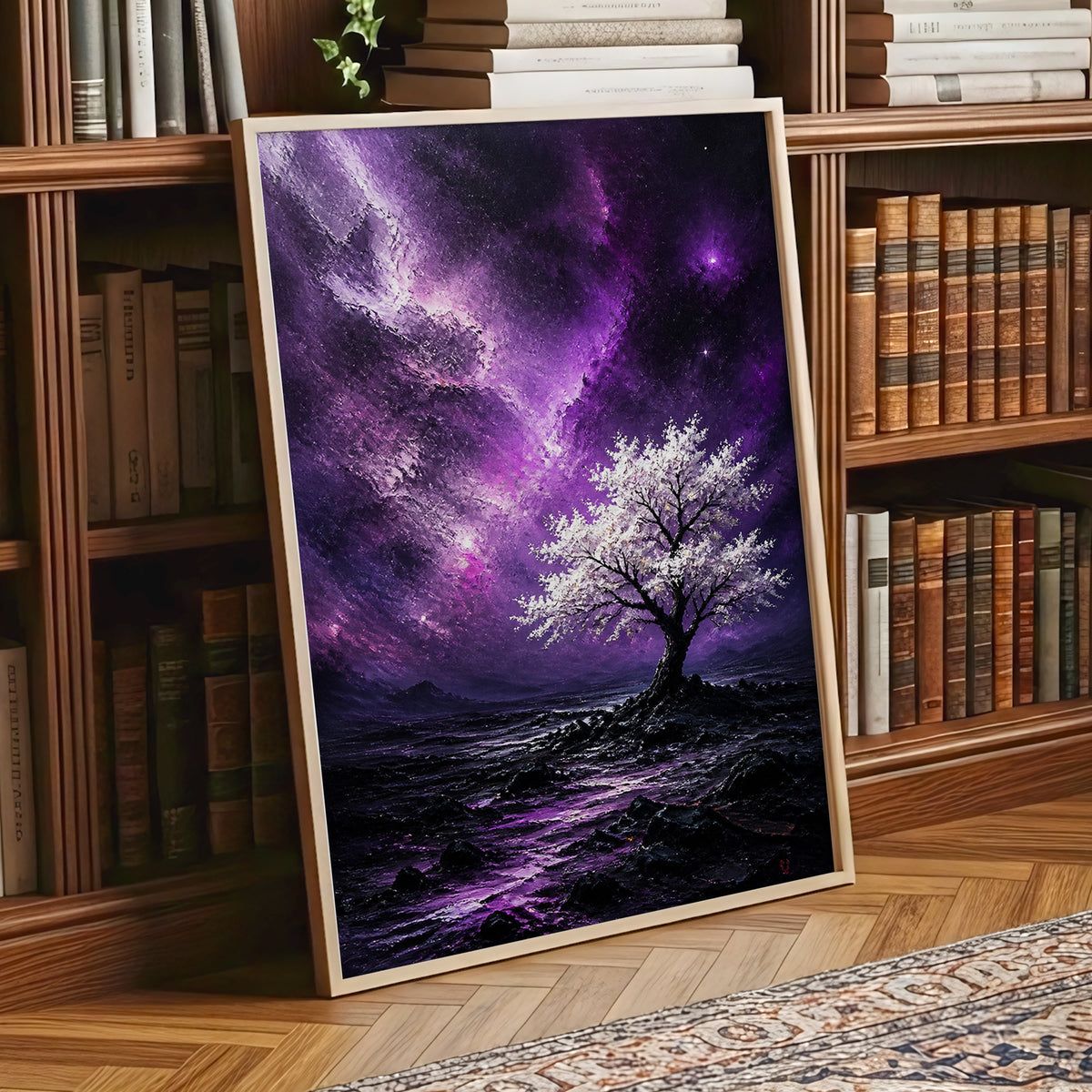 Violet Starbloom, purple, black, white nature wall art displayed in a styled interior, gallery view 1