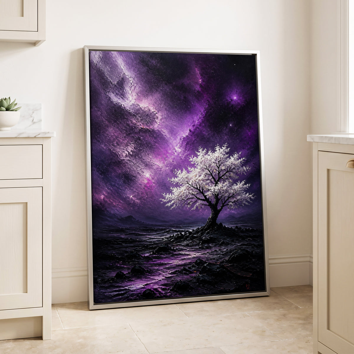 Violet Starbloom, purple, black, white nature wall art displayed in a styled interior, gallery view 2