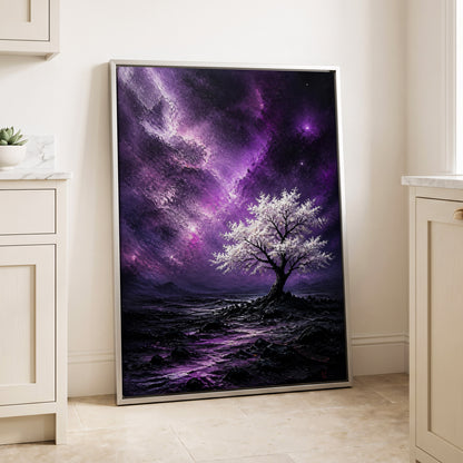 Violet Starbloom, purple, black, white nature wall art displayed in a styled interior, gallery view 2