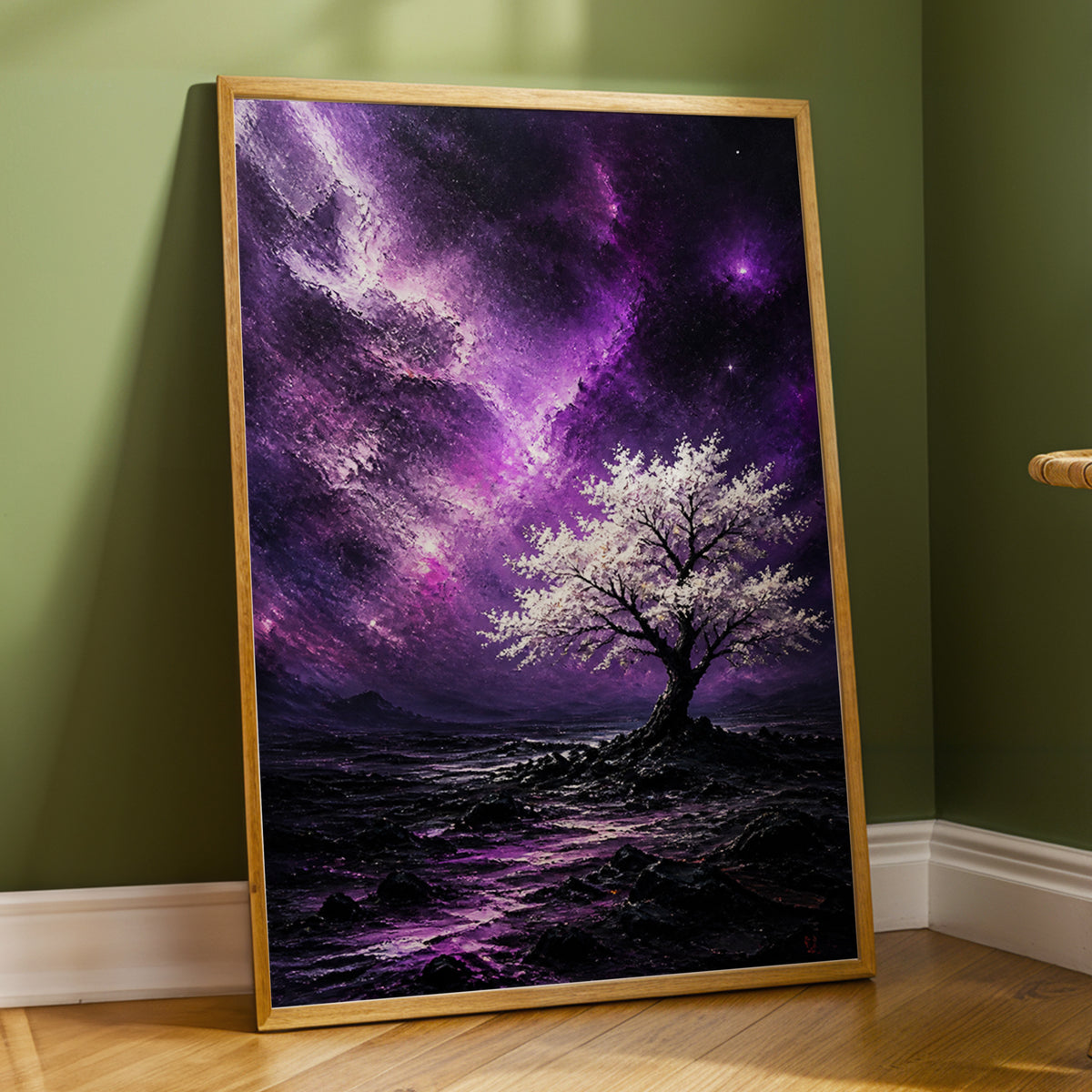 Violet Starbloom, purple, black, white nature wall art displayed in a styled interior, gallery view 4