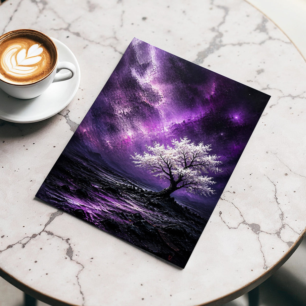 Violet Starbloom, purple, black, white nature wall art displayed in a styled interior, gallery view 5