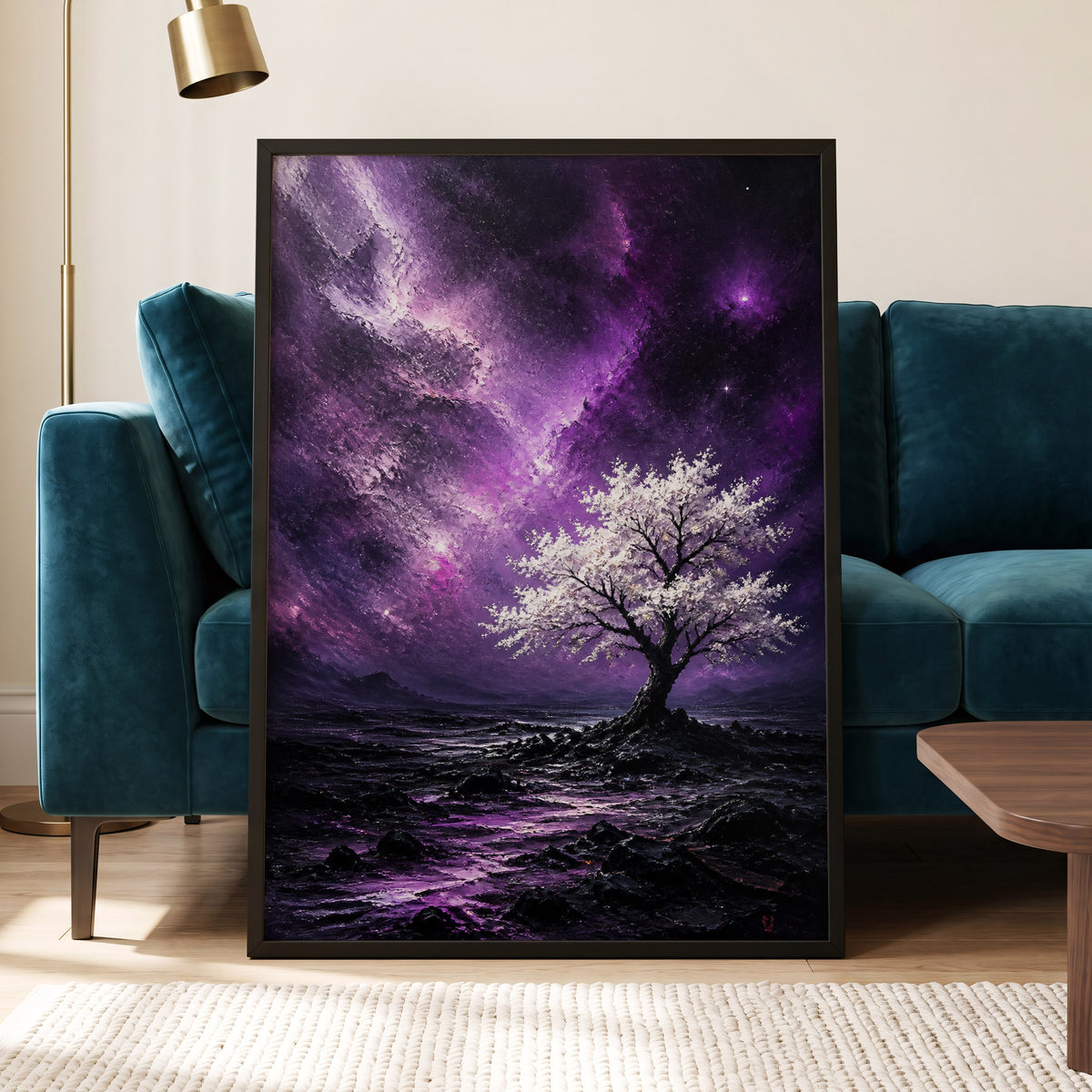 Violet Starbloom, purple, black, white nature wall art displayed in a styled interior, gallery view 6