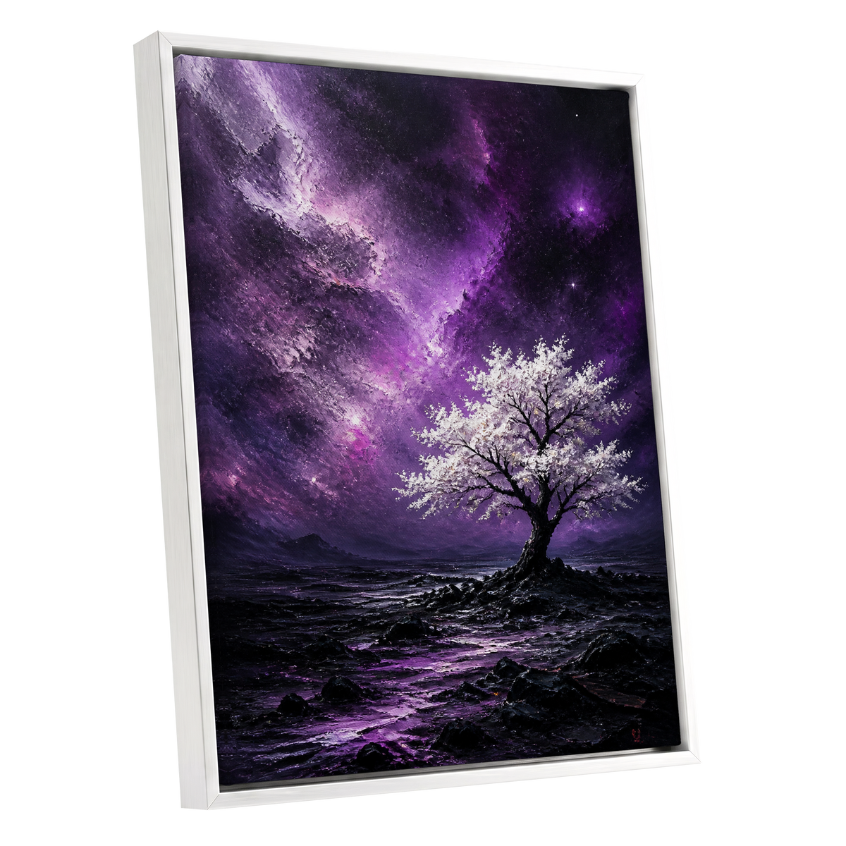 Violet Starbloom, purple, black, white nature wall art shown as a white framed canvas wall art