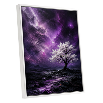 Violet Starbloom, purple, black, white nature wall art shown as a white framed canvas wall art